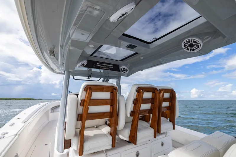 Big B Yacht Photos Pics 2024 Blackwater 43 Sportfish boat interior with luxurious seating and ocean view.