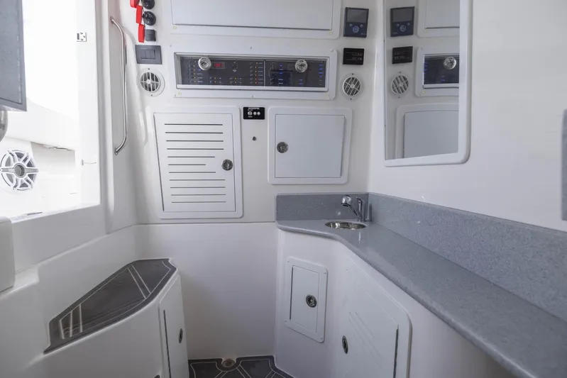 Big B Yacht Photos Pics 2024 Blackwater 43 Sportfish interior with sleek cabinetry and modern control panels.