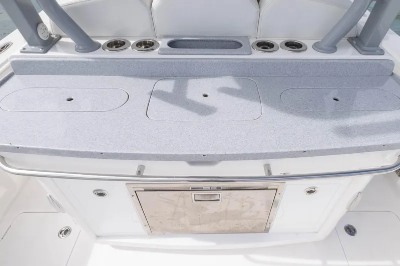 Big B Yacht Photos Pics 2024 Blackwater 43 Sportfish boat deck with storage compartments and cup holders.
