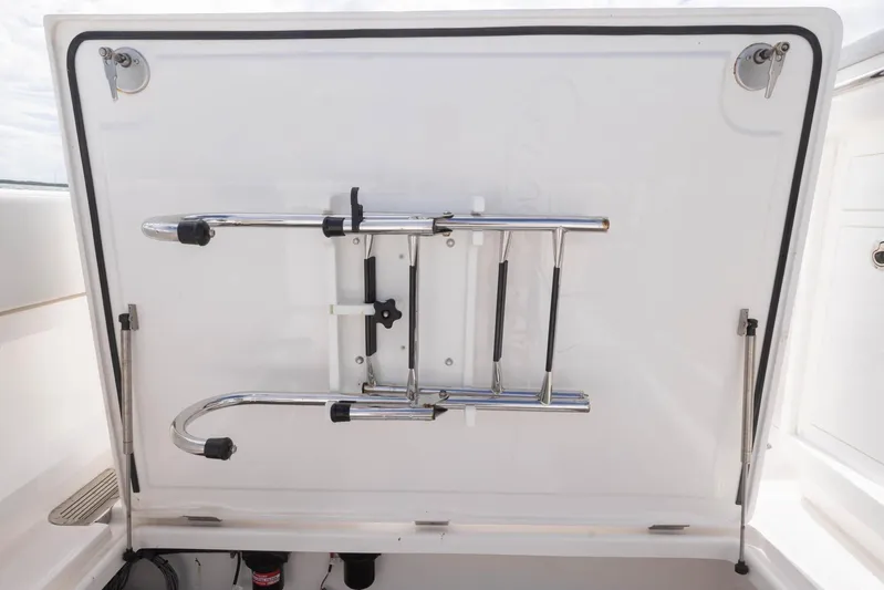 Big B Yacht Photos Pics 2024 Blackwater 43 Sportfish boat ladder storage compartment with stainless steel fittings.