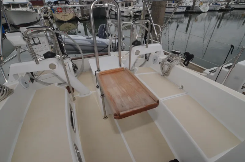 Tahlequah Yacht Photos Pics Tartan 365 sailboat cockpit with wooden table, docked in marina, 2020 model.