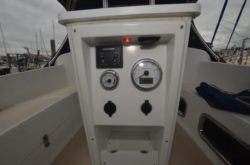 Tahlequah Yacht Photos Pics Control panel of a 2020 Tartan 365 sailboat with gauges and switches.