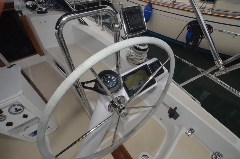 Tahlequah Yacht Photos Pics Steering wheel and navigation instruments on a 2020 Tartan 365 sailboat.