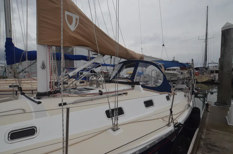 Tahlequah Yacht Photos Pics Sailboat Tartan 365, 2020 model, docked at marina with beige and blue accents.