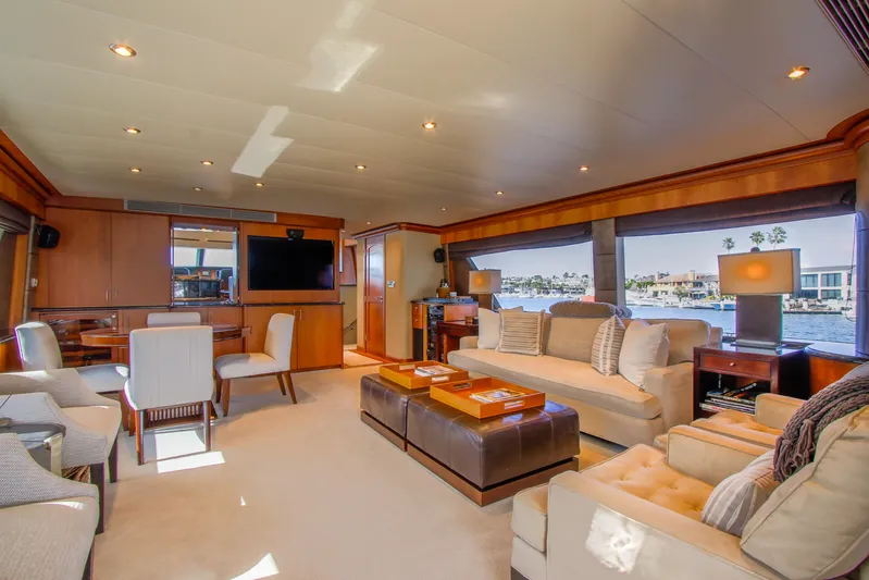 Front Row Yacht Photos Pics Luxurious interior of 2006 Northcoast Yachts Yachtfisher with elegant seating and waterfront views.