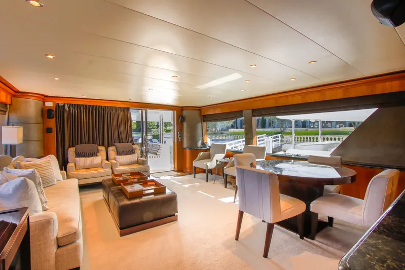 Front Row Yacht Photos Pics Luxurious interior of 2006 Northcoast Yachts Yachtfisher with elegant seating and dining area.