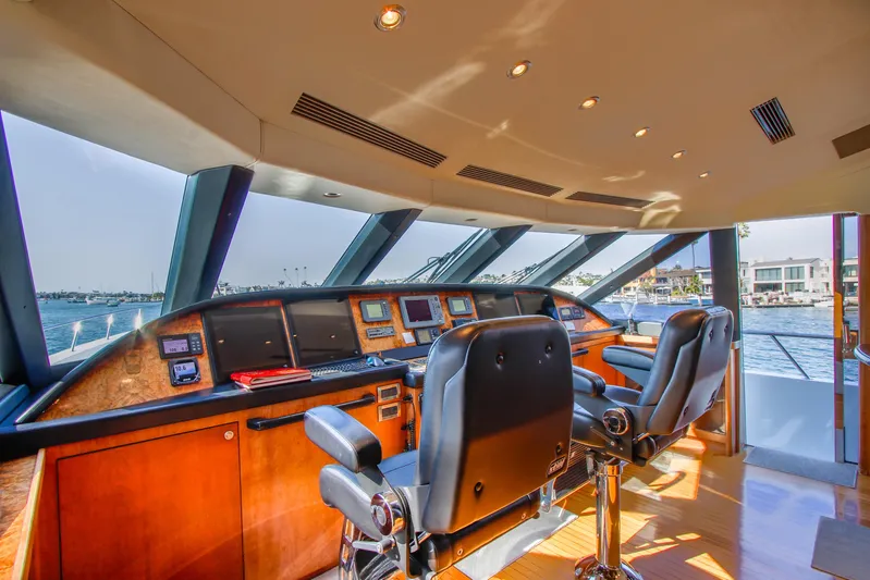 Front Row Yacht Photos Pics Luxurious 2006 Northcoast Yachts Yachtfisher helm with panoramic windows and modern controls.