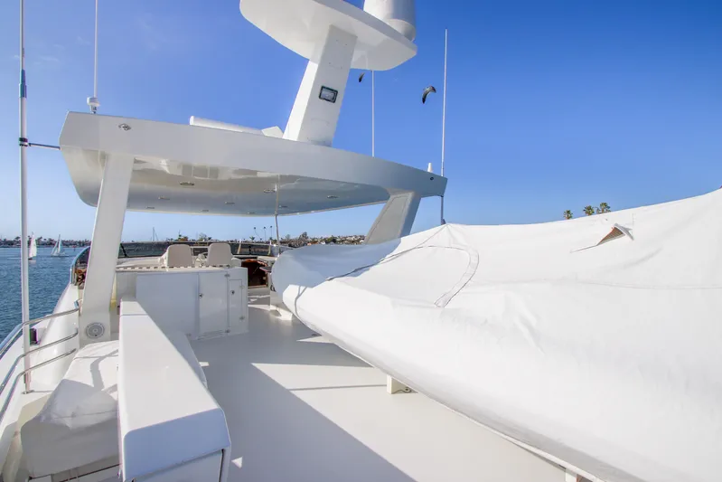 Front Row Yacht Photos Pics 2006 Northcoast Yachts Yachtfisher on water, featuring sleek design and covered deck.