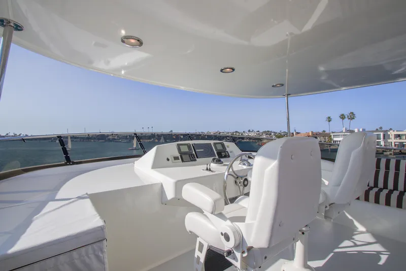 Front Row Yacht Photos Pics Luxurious 2006 Northcoast Yachts Yachtfisher helm with ocean view and modern controls.