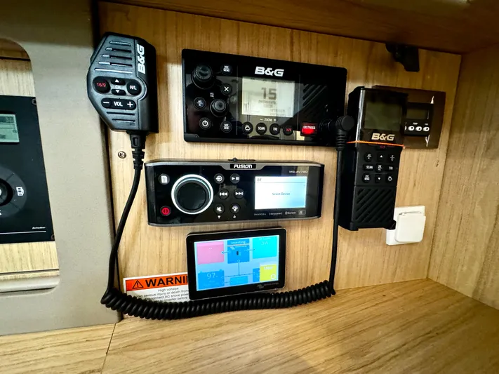  Yacht Photos Pics Control panel of a 2018 Beneteau Oceanis 45 yacht with navigation and communication equipment.