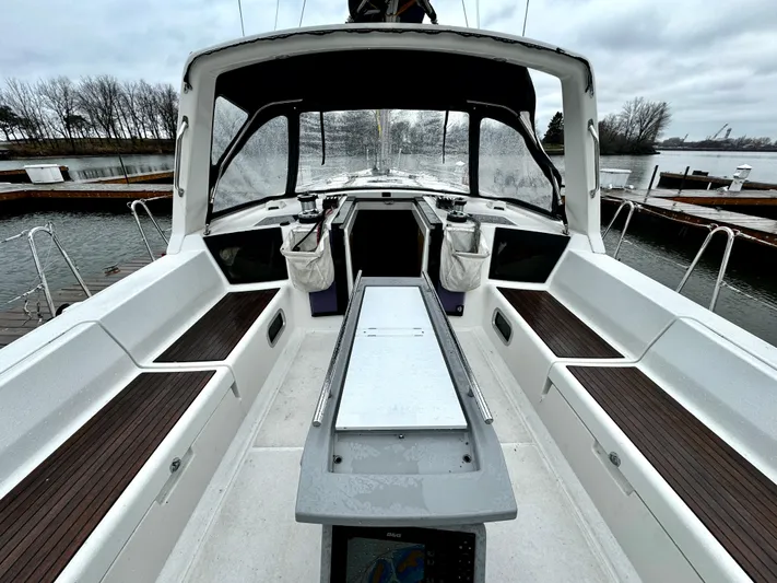  Yacht Photos Pics 2018 Beneteau Oceanis 45 yacht cockpit with sleek design and spacious seating.