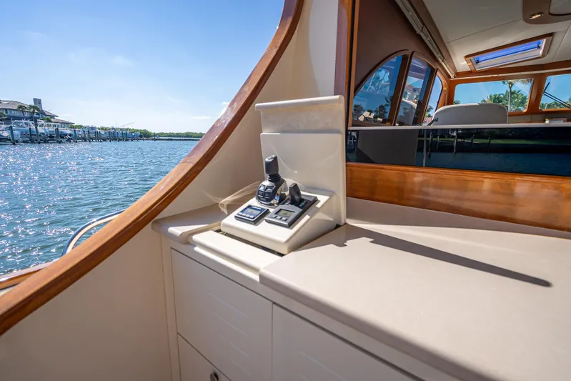 Eleven11 Yacht Photos Pics 2018 Palm Beach Motor Yachts PB55 interior with control panel, overlooking serene waterfront.