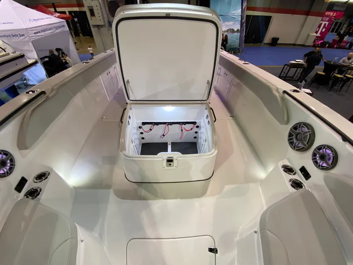  Yacht Photos Pics 2025 Edgewater 340CC boat interior with open storage compartment, showcasing modern design and features.