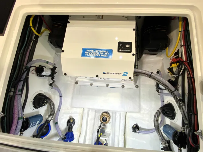 Yacht Photos Pics Engine compartment of 2025 Edgewater 340CC boat with Seakeeper 2 stabilization system.