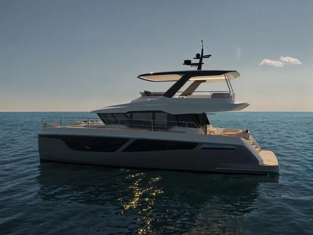  Yacht Photos Pics 2025 Fountaine Pajot VEYA YACHT V53 cruising on calm ocean waters at sunset.