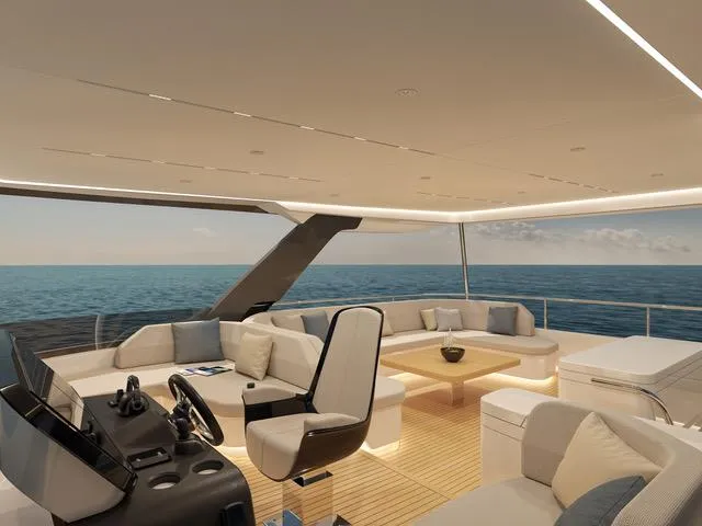  Yacht Photos Pics Luxurious 2025 Fountaine Pajot VEYA YACHT V53 interior with ocean view and modern seating.