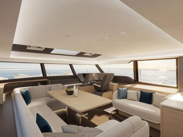  Yacht Photos Pics Luxurious interior of 2025 Fountaine Pajot VEYA YACHT V53 with elegant seating and panoramic windows.