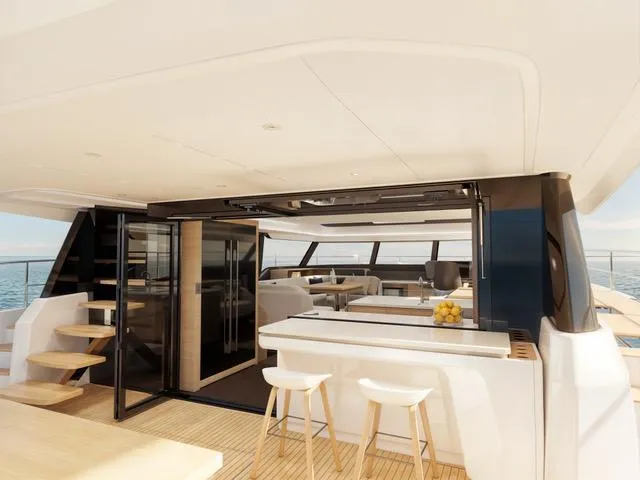  Yacht Photos Pics Luxurious 2025 Fountaine Pajot VEYA YACHT V53 interior with modern design and ocean view.