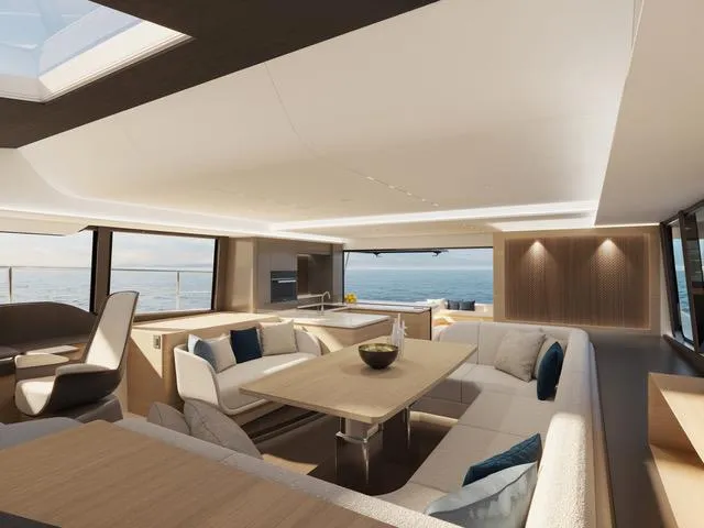  Yacht Photos Pics Luxurious interior of 2025 Fountaine Pajot VEYA YACHT V53 with modern seating and ocean view.