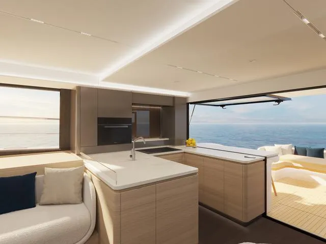  Yacht Photos Pics Modern interior of 2025 Fountaine Pajot VEYA YACHT V53 with ocean view.