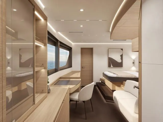 Yacht Photos Pics Luxurious interior of 2025 Fountaine Pajot VEYA YACHT V53 with modern furnishings and ocean view.