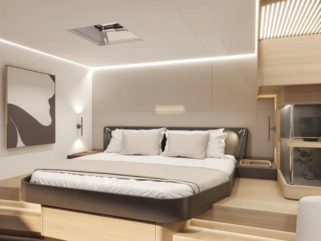  Yacht Photos Pics Luxurious bedroom interior of 2025 Fountaine Pajot VEYA YACHT V53 with modern design elements.