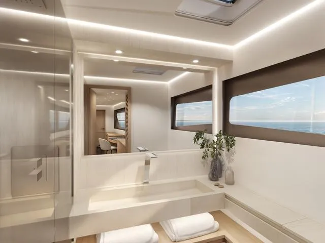 Yacht Photos Pics Luxurious bathroom interior of 2025 Fountaine Pajot VEYA YACHT V53 with ocean view.