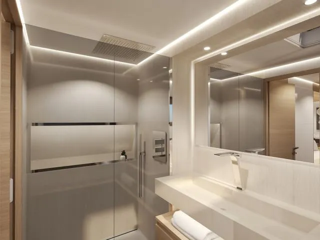  Yacht Photos Pics Luxurious bathroom in 2025 Fountaine Pajot VEYA YACHT V53, featuring modern fixtures and elegant design.