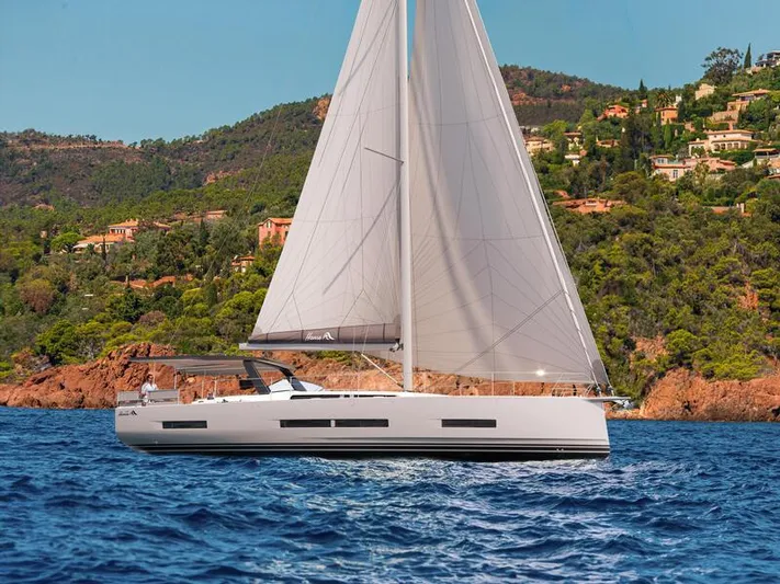  Yacht Photos Pics Sailing yacht Hanse 590, 2026 model, cruising near a scenic coastline.