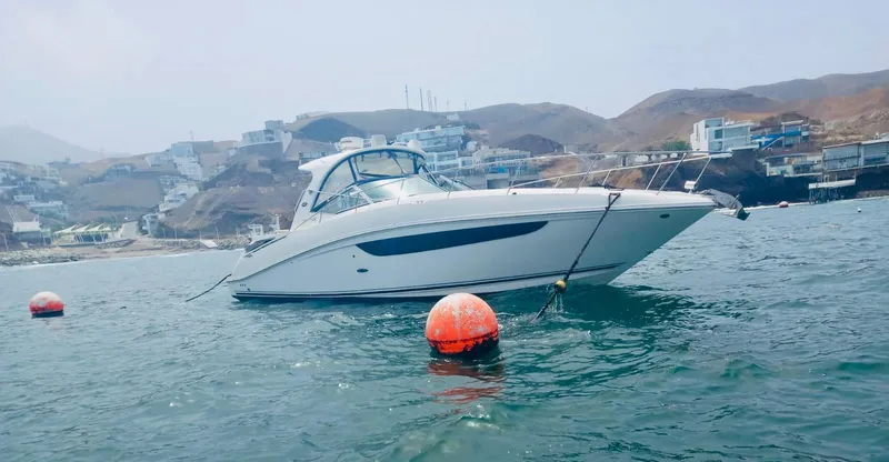Knot On Call Yacht Photos Pics 2013 Sea Ray Sundancer 370 yacht anchored in coastal waters with scenic background.