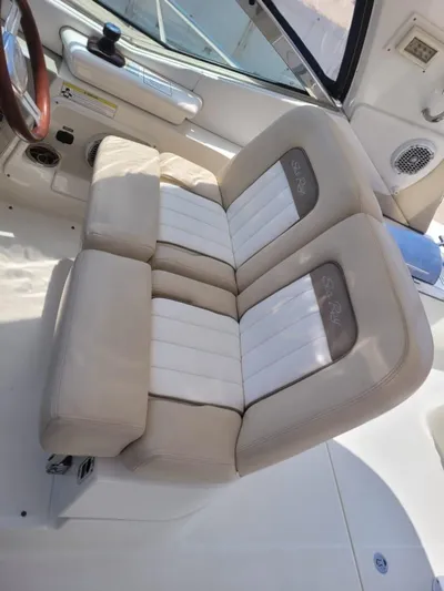 Knot On Call Yacht Photos Pics 2013 Sea Ray Sundancer 370 cockpit seating with beige and white upholstery.