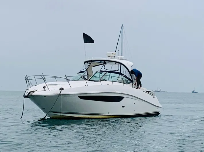 Knot On Call Yacht Photos Pics 2013 Sea Ray Sundancer 370 yacht on calm water with a person onboard.