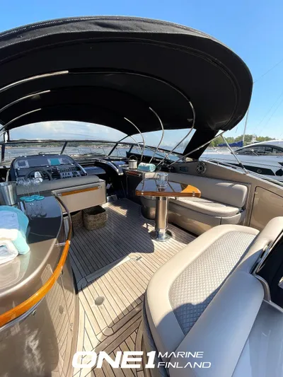  Yacht Photos Pics 2007 Riva Rivale 52 yacht interior with elegant seating and modern dashboard under a black canopy.