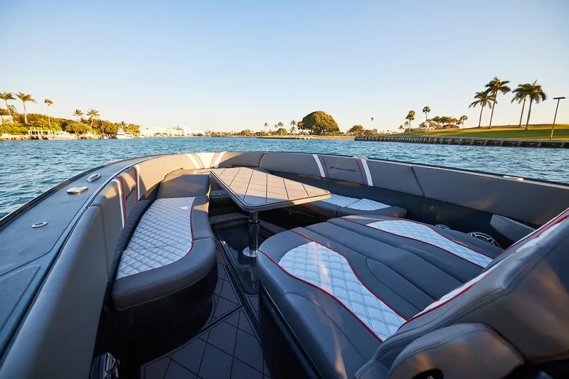  Yacht Photos Pics Luxurious seating on a 2020 Midnight Express 37 Open boat, cruising in a scenic waterway.