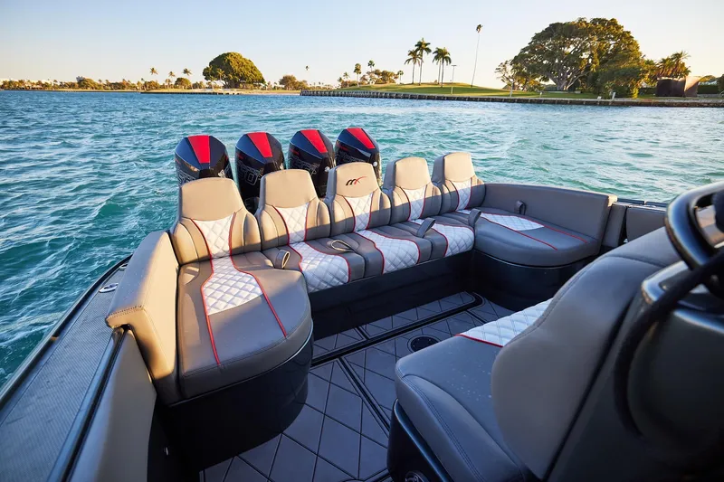  Yacht Photos Pics 2020 Midnight Express 37 Open boat interior with luxurious seating and scenic water view.