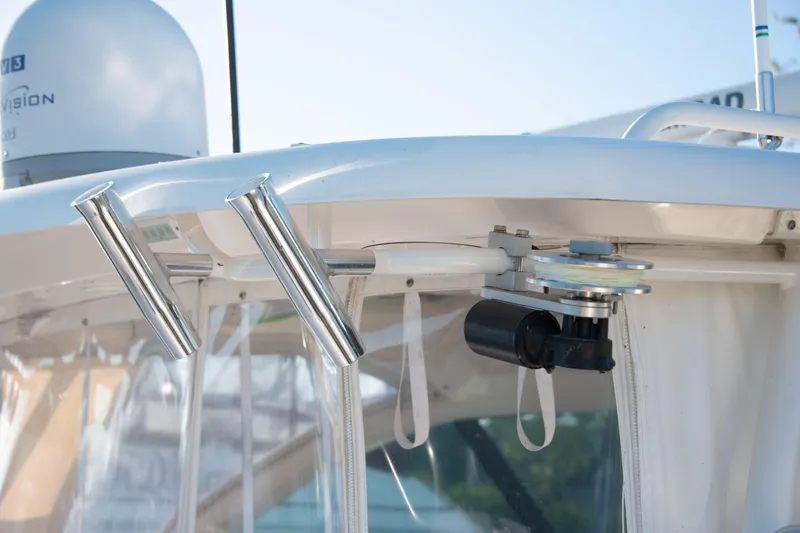  Yacht Photos Pics 2015 Pursuit OS 345 Offshore boat detail with stainless steel rod holders.