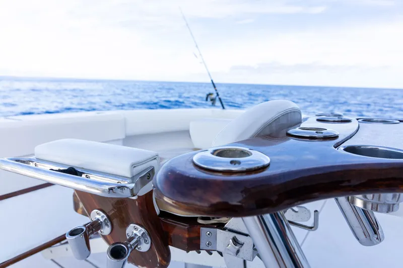 Pecado Yacht Photos Pics 2006 Bertram 510 Convertible yacht with fishing rod holders, ocean view in background.