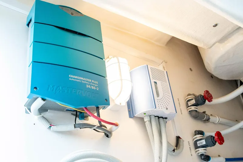 Pecado Yacht Photos Pics Electrical components inside a 2006 Bertram 510 Convertible yacht.