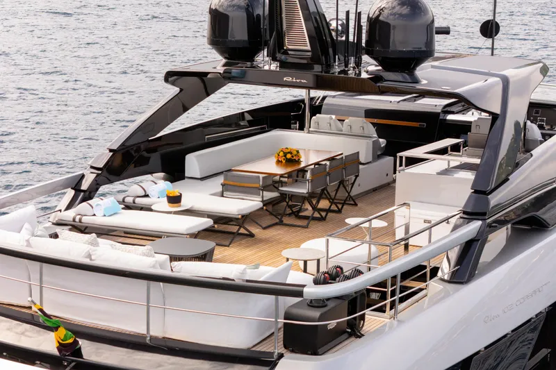 Stile Di Vita Yacht Photos Pics Luxurious 2023 Riva 102 Super Cosaro yacht with spacious deck and elegant seating.