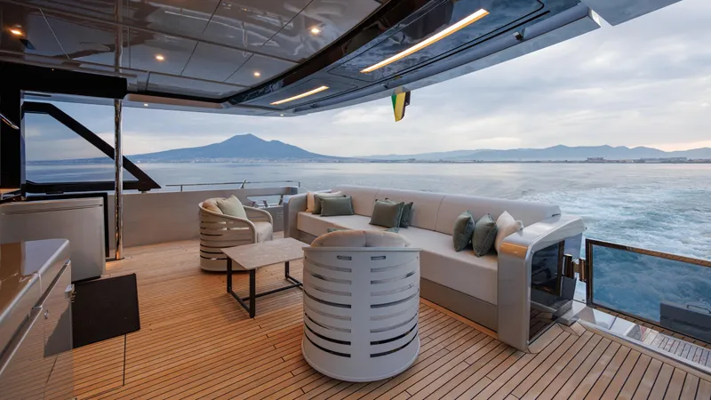 Stile Di Vita Yacht Photos Pics Luxurious deck of 2023 Riva 102 Super Cosaro yacht with scenic ocean view.