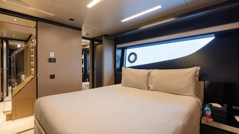 Stile Di Vita Yacht Photos Pics Luxurious bedroom interior of 2023 Riva 102 Super Cosaro yacht with modern design.