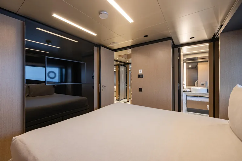 Stile Di Vita Yacht Photos Pics Luxurious bedroom interior of 2023 Riva 102 Super Cosaro yacht with modern design.