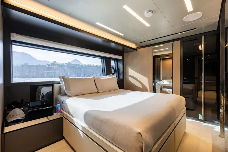Stile Di Vita Yacht Photos Pics Luxurious bedroom interior of 2023 Riva 102 Super Cosaro yacht with modern design.
