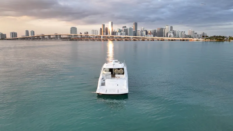  Yacht Photos Pics 2008 Sea Ray 48 Sundancer yacht cruising near city skyline at sunset.