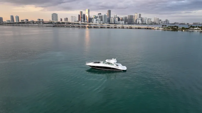  Yacht Photos Pics 2008 Sea Ray 48 Sundancer yacht on calm water with city skyline in the background.
