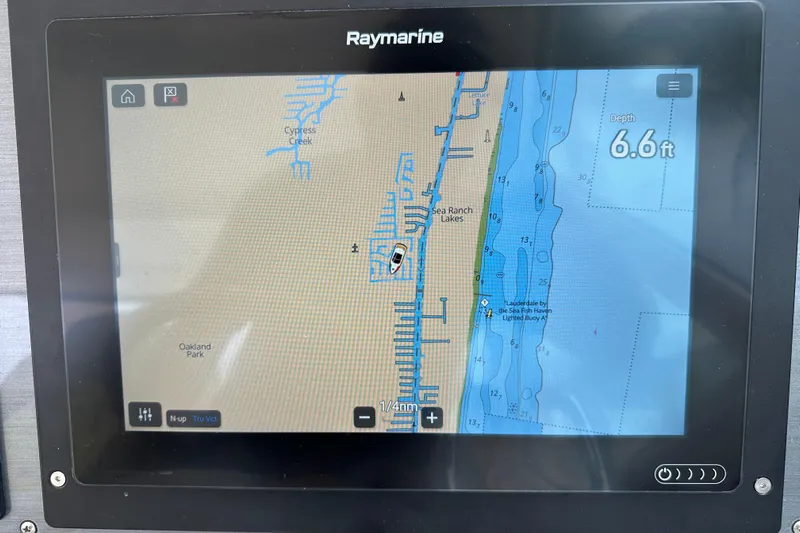  Yacht Photos Pics Raymarine navigation display on 2008 Sea Ray 48 Sundancer, showing coastal map and depth of 6.6 feet.