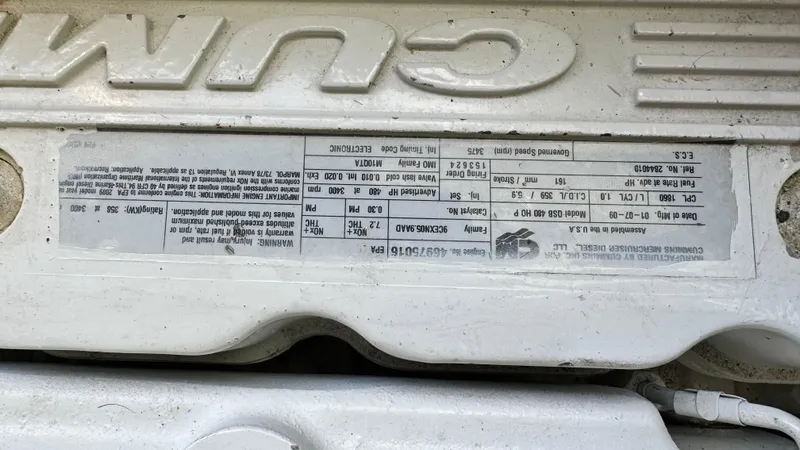  Yacht Photos Pics Engine specifications label on a 2009 Sea Ray 43 Sundancer boat.