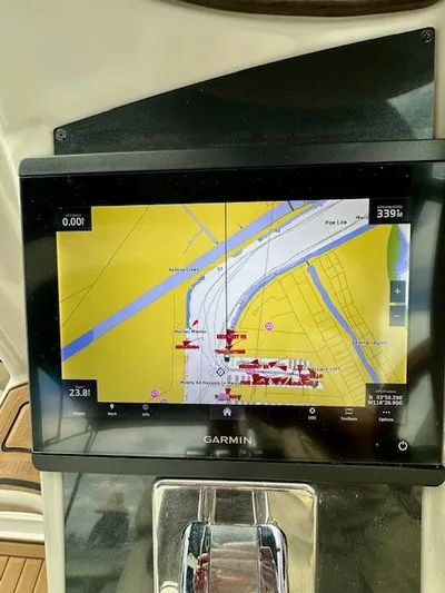 Visionary 21 Yacht Photos Pics Garmin navigation display on 2006 Doral Elegante boat, showing a detailed marine map.