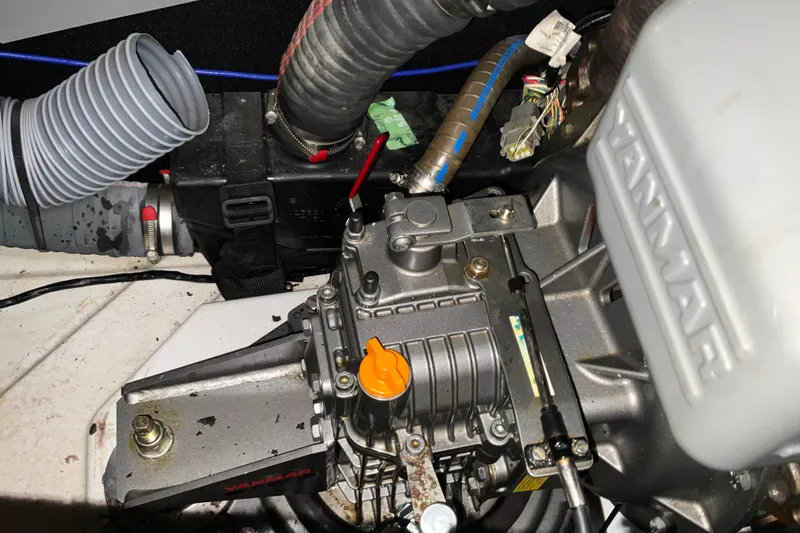 Epicurios Yacht Photos Pics Engine compartment of a 2015 Jeanneau Sun Odyssey 469 sailboat, featuring a Yanmar engine.