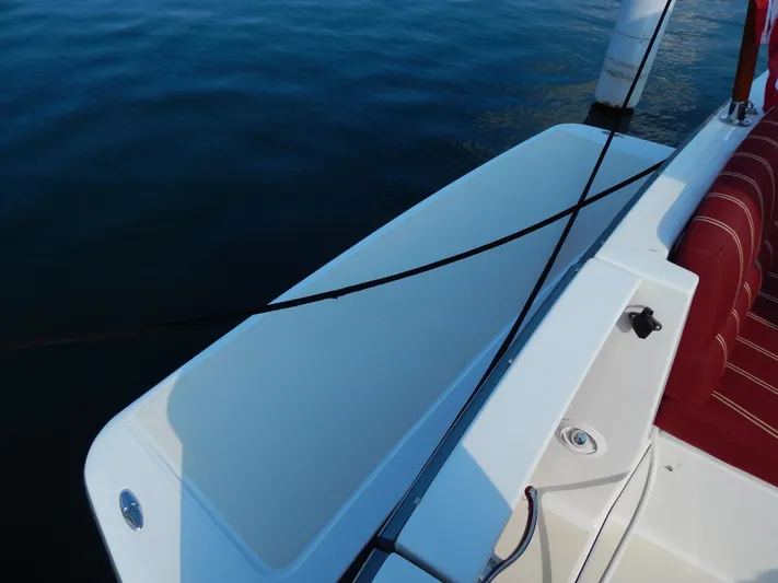  Yacht Photos Pics 2010 Sabre 40 Sedan boat deck with red seating and water view.